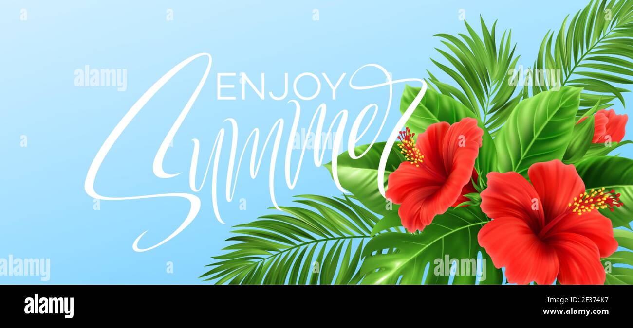 Sfondo tropicale estivo. Foglie di palma tropicali, monstera con fiori di ibisco e scritte estive. Illustrazione vettoriale Illustrazione Vettoriale