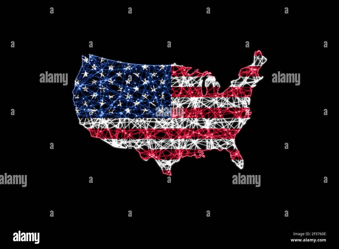 Mappa degli Stati Uniti, mappa delle linee di mesh poligonale, mappa delle bandiere Foto Stock