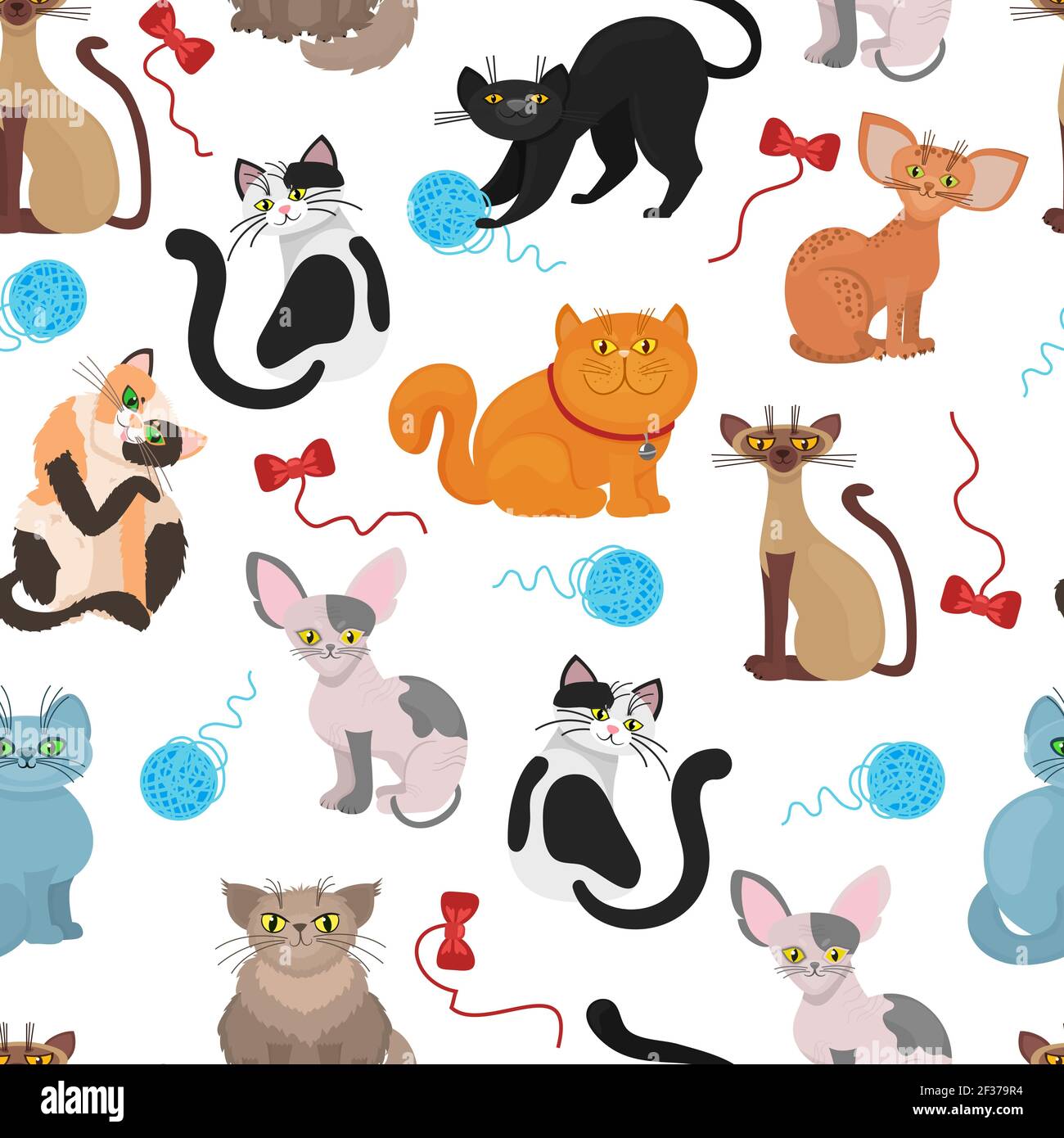 Fur cats pattern vettoriale sfondo. Gatto colorato con groviglio di filettature. Illustrazione di gatto giocheroso domestico Illustrazione Vettoriale