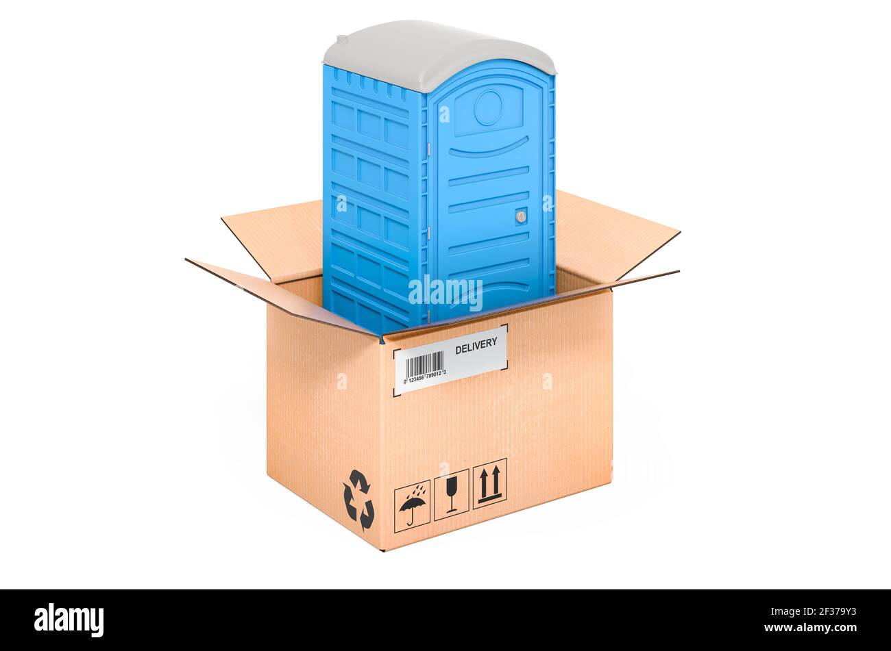wc portatile in plastica blu all'interno della scatola di cartone, concetto di consegna. Rendering 3D isolato su sfondo bianco Foto Stock