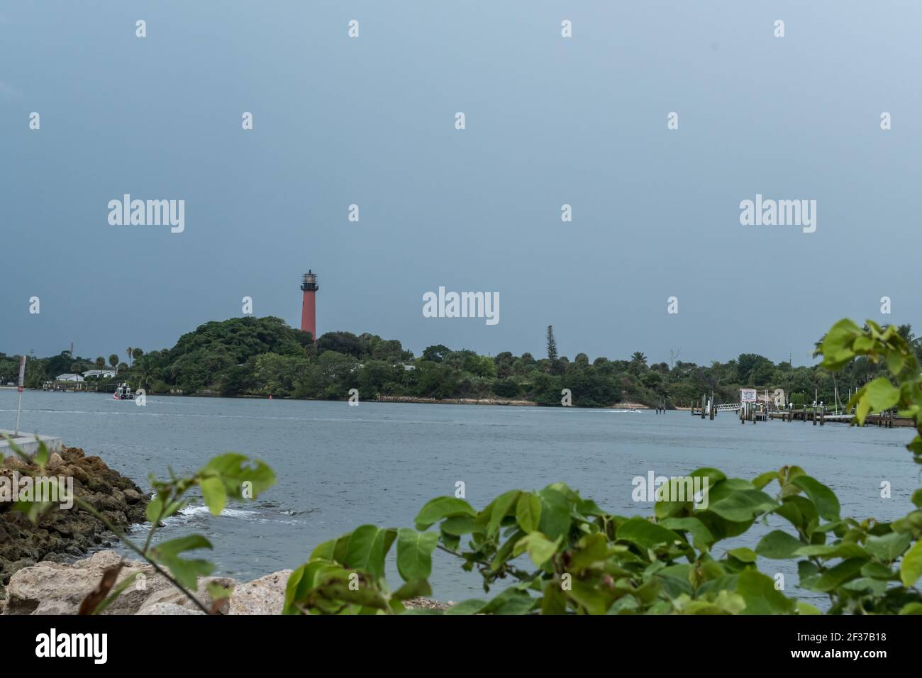 Marina e parco con palme, erba, acqua nella contea di Palm Beach, Florida parte del Florida Fish and Wildlife con marciapiede, passerelle e ponte Foto Stock