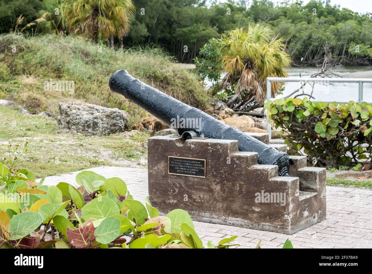 Marina e parco con palme, erba, acqua nella contea di Palm Beach, Florida parte del Florida Fish and Wildlife con marciapiede, passerelle e ponte Foto Stock