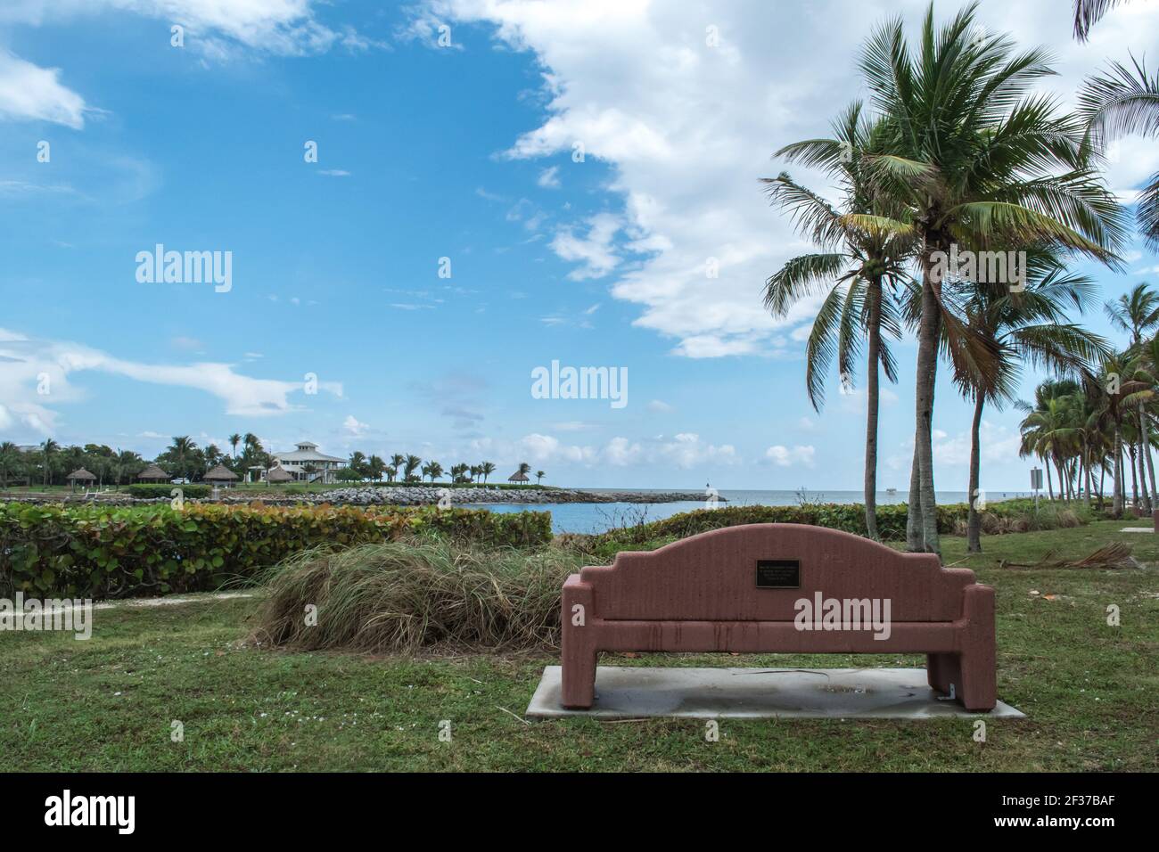 Marina e parco con palme, erba, acqua nella contea di Palm Beach, Florida parte del Florida Fish and Wildlife con marciapiede, passerelle e ponte Foto Stock