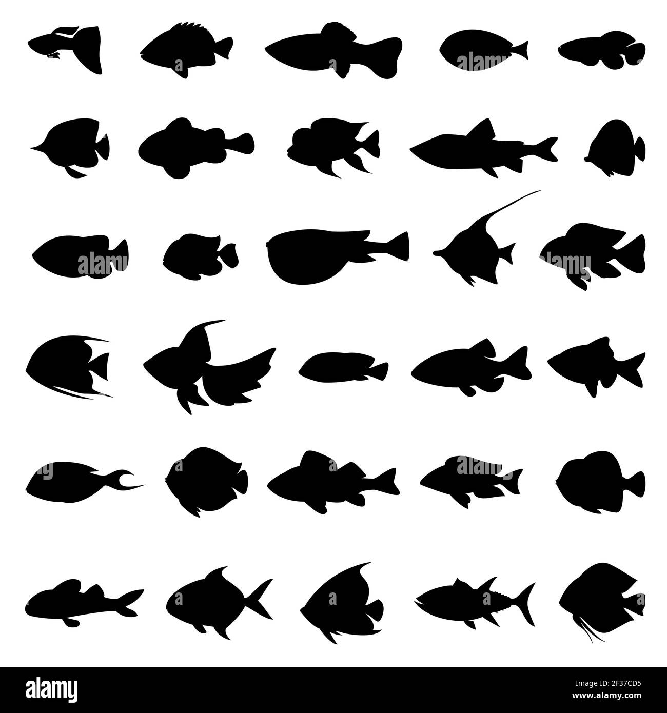 Sagome vettoriali di pesce nero su bianco. Set di animali marini in un'illustrazione di stile monocromatico Illustrazione Vettoriale