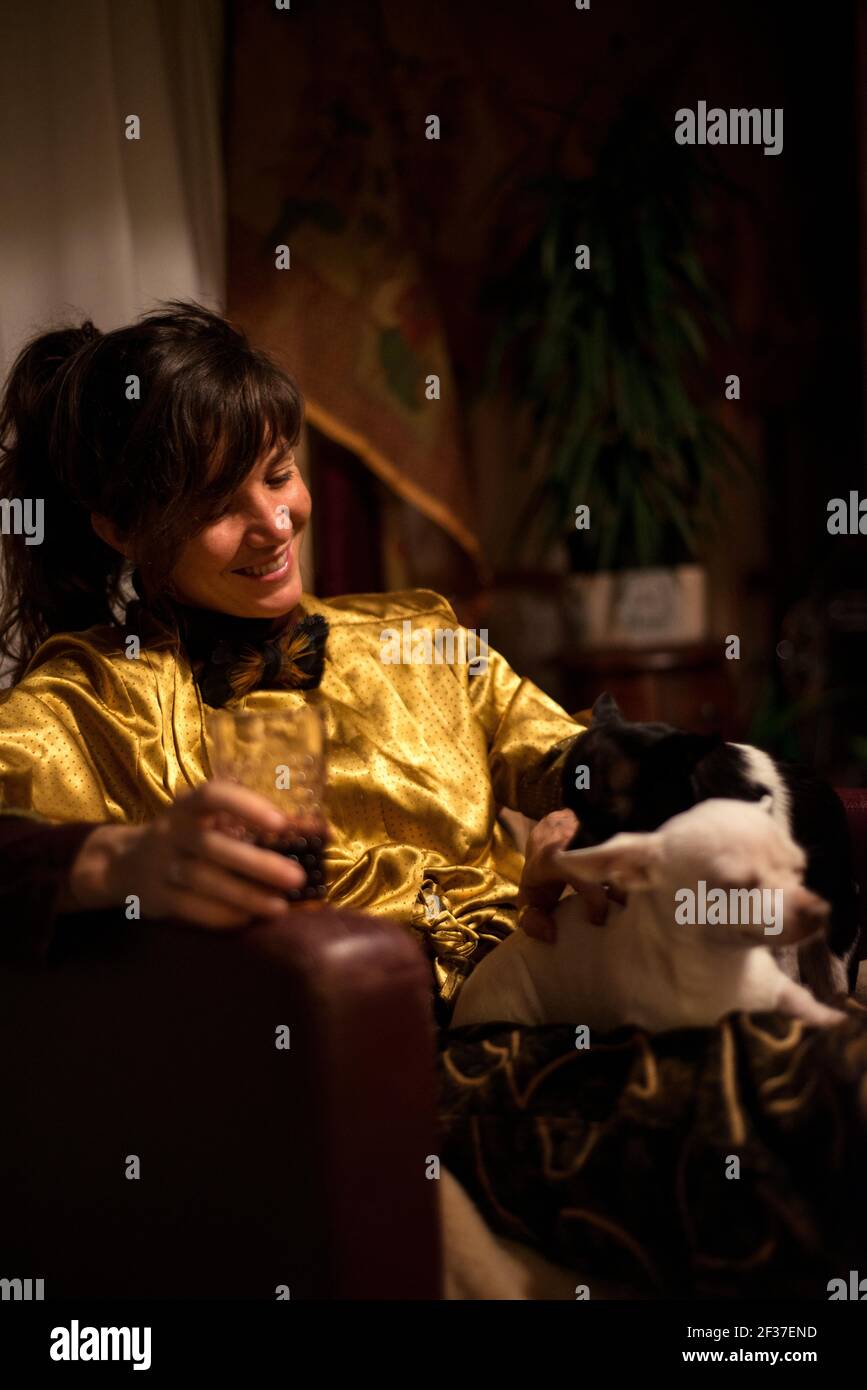 donna ride a piccoli cani sul grembo con bere dentro mano a casa rilassante Foto Stock