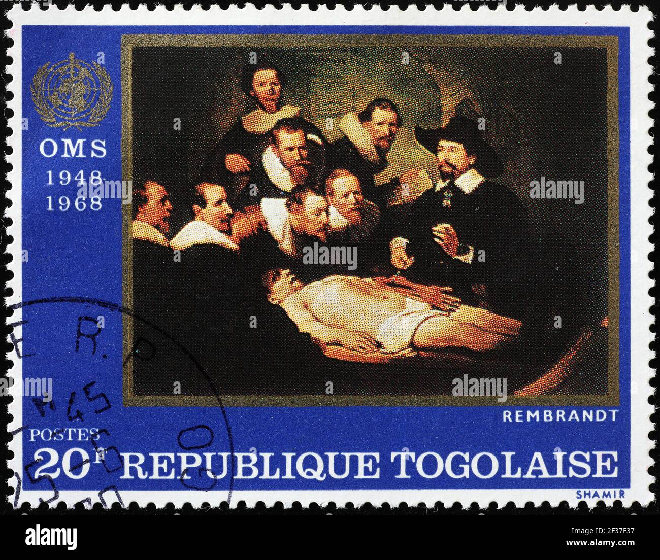 La lezione di anatomia del Dr. Nicolaes Tulp di Rembrandt sul timbro Foto Stock