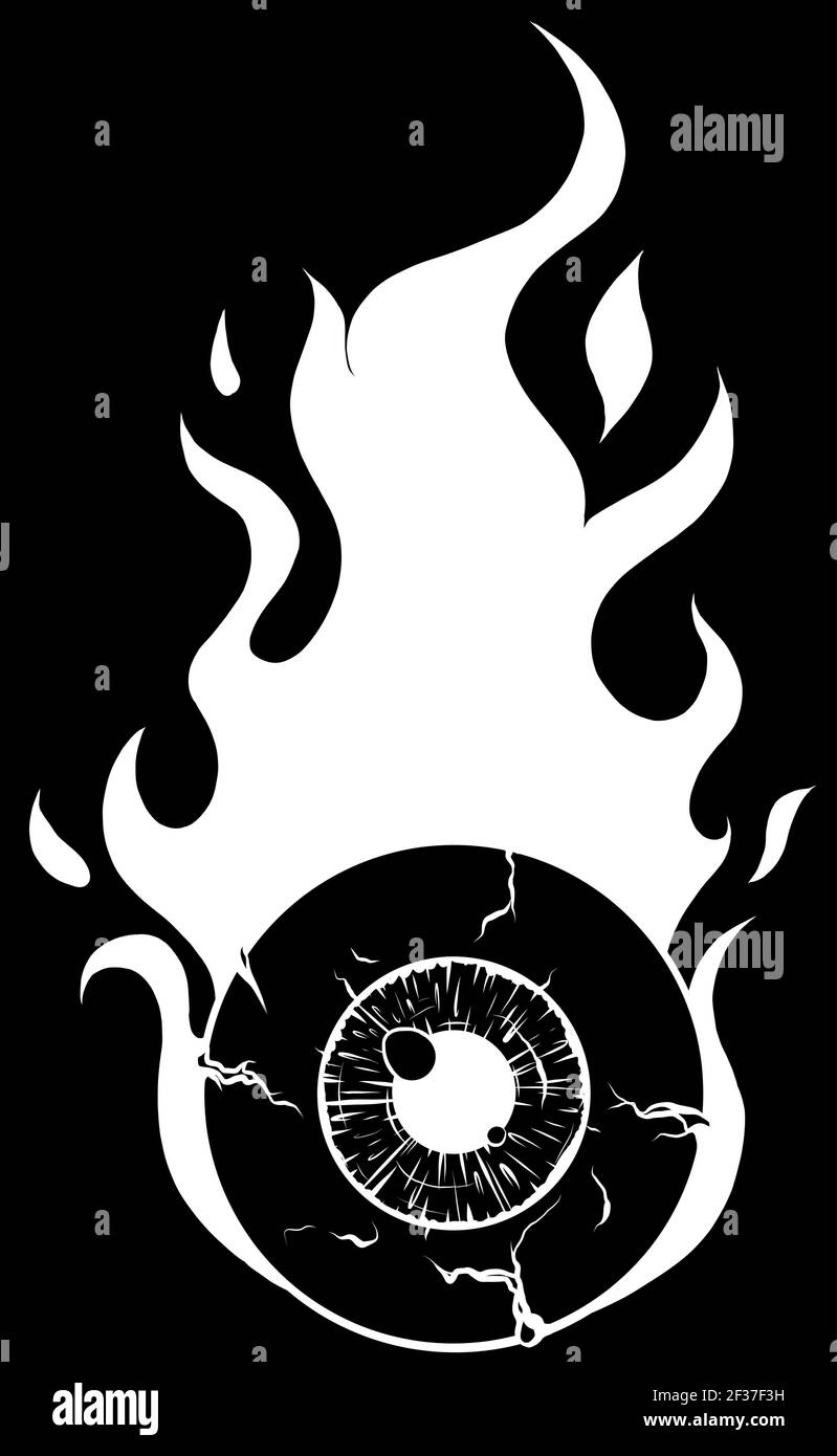 Bulbo oculare sul fuoco - un'illustrazione cartoon di un Eyeball con silhouette a fuoco su sfondo nero Illustrazione Vettoriale