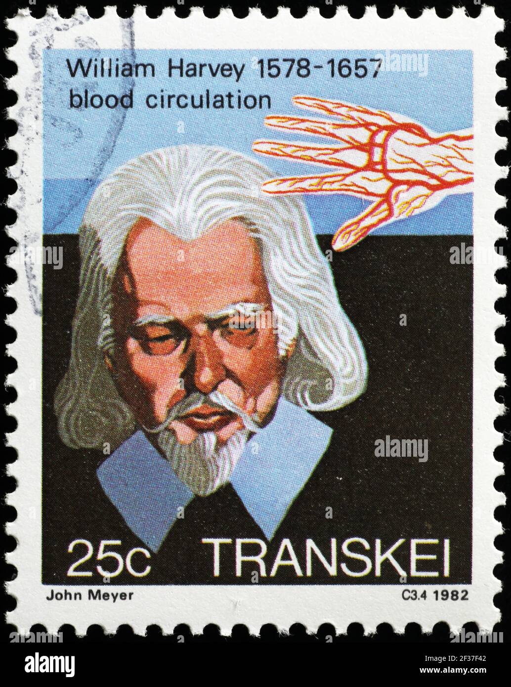 William Harvey, studioso di circolazione del sangue sul francobollo Foto Stock