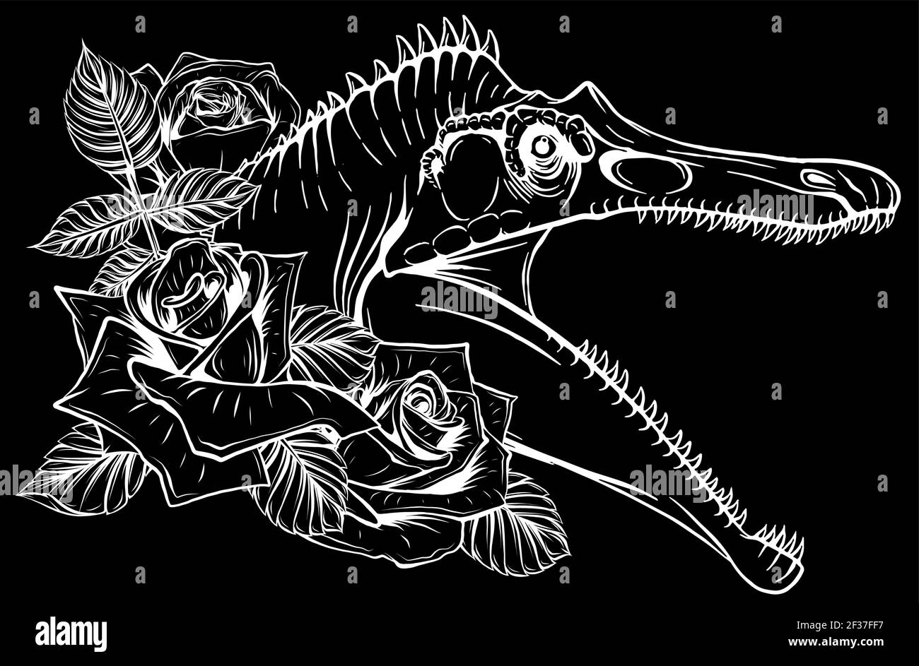 silhouette di dinosauro e rose su sfondo nero. design vettoriale. Disegno di arte concettuale. Illustrazione Vettoriale