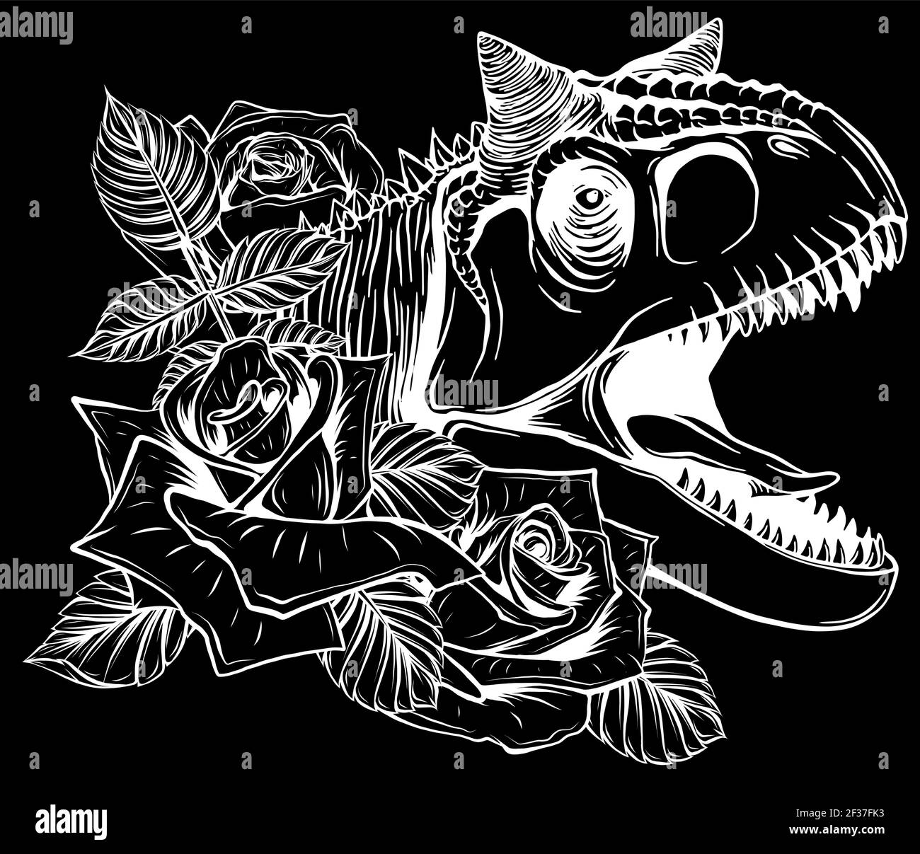 silhouette di dinosauro e rose su sfondo nero. design vettoriale. Disegno di arte concettuale. Illustrazione Vettoriale