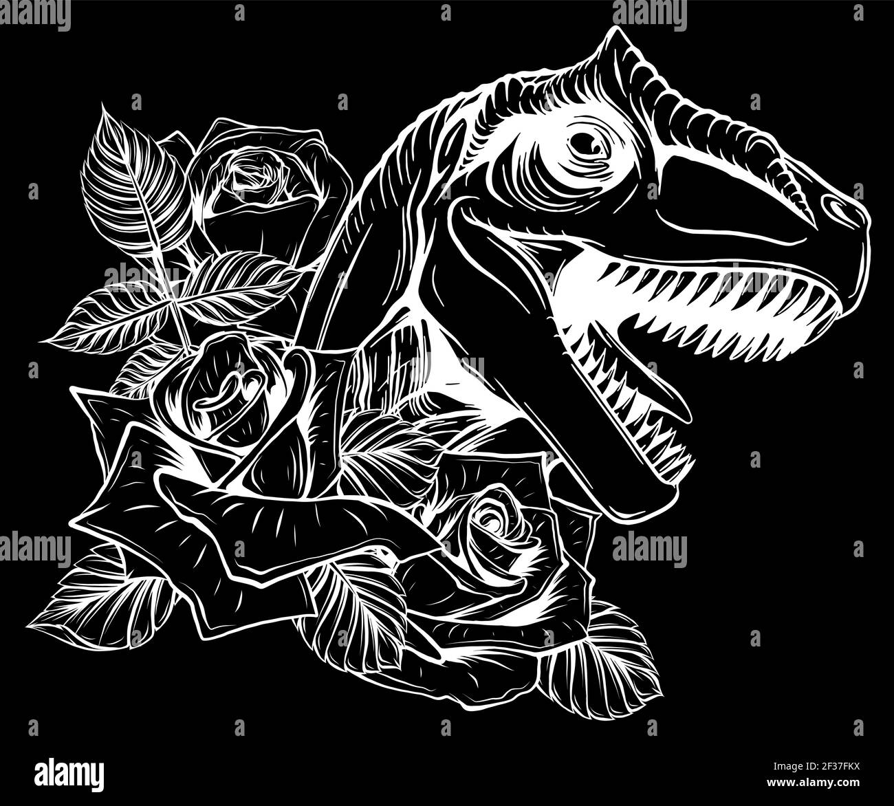 silhouette di dinosauro e rose su sfondo nero. design vettoriale. Disegno di arte concettuale. Illustrazione Vettoriale