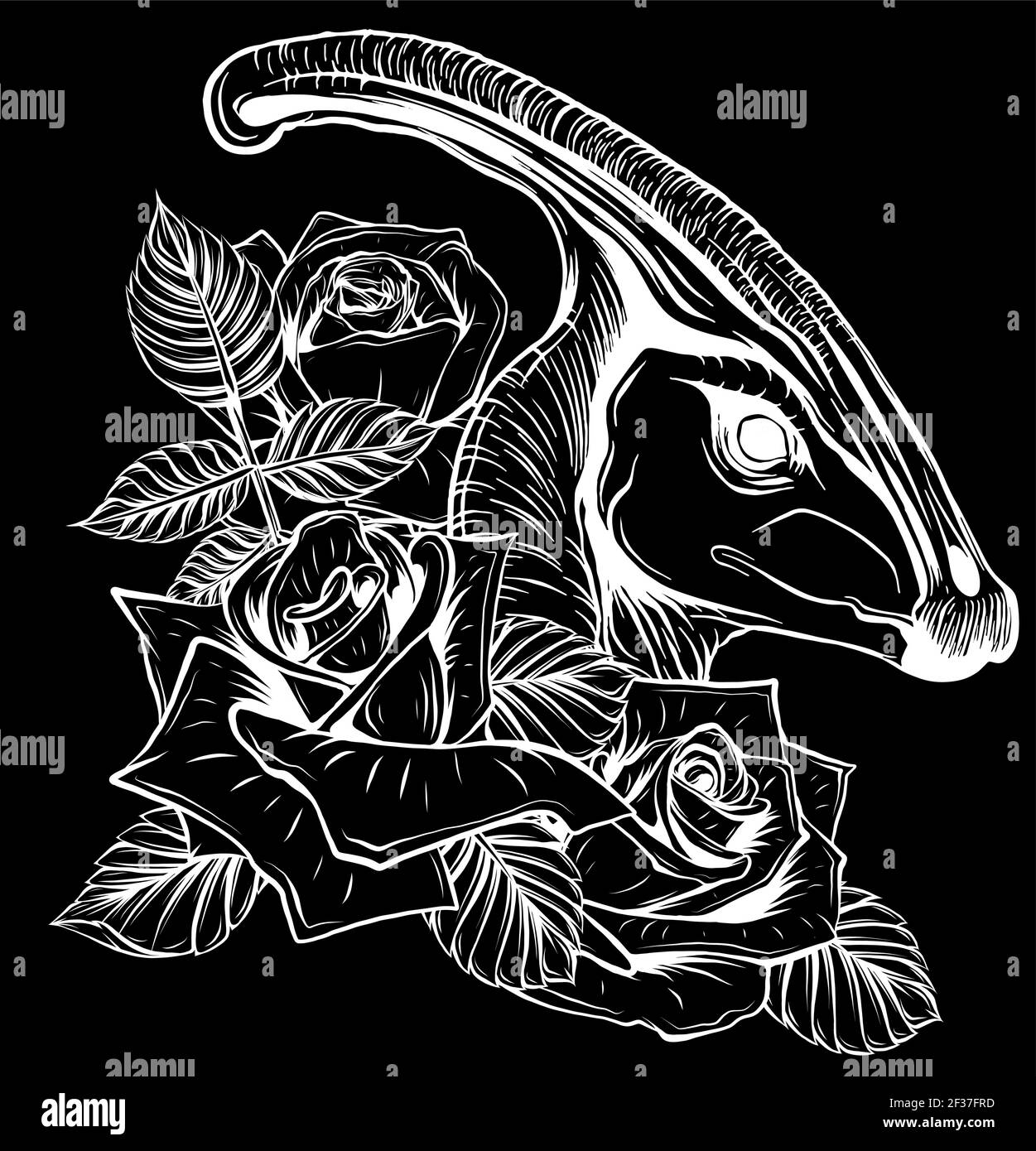 silhouette di dinosauro e rose su sfondo nero. design vettoriale. Disegno di arte concettuale. Illustrazione Vettoriale