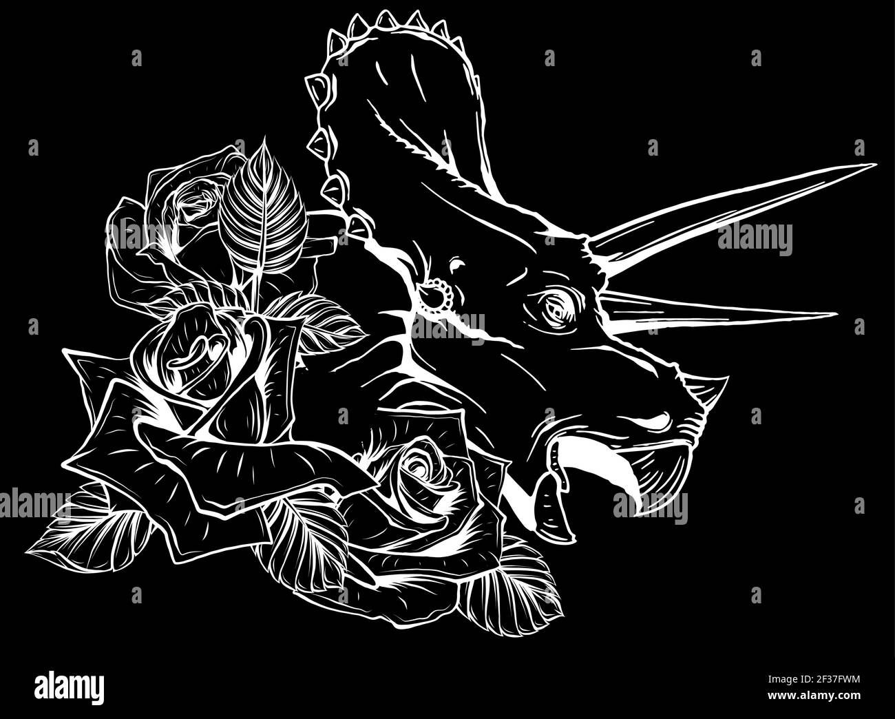 silhouette di dinosauro e rose su sfondo nero. design vettoriale. Disegno di arte concettuale. Illustrazione Vettoriale