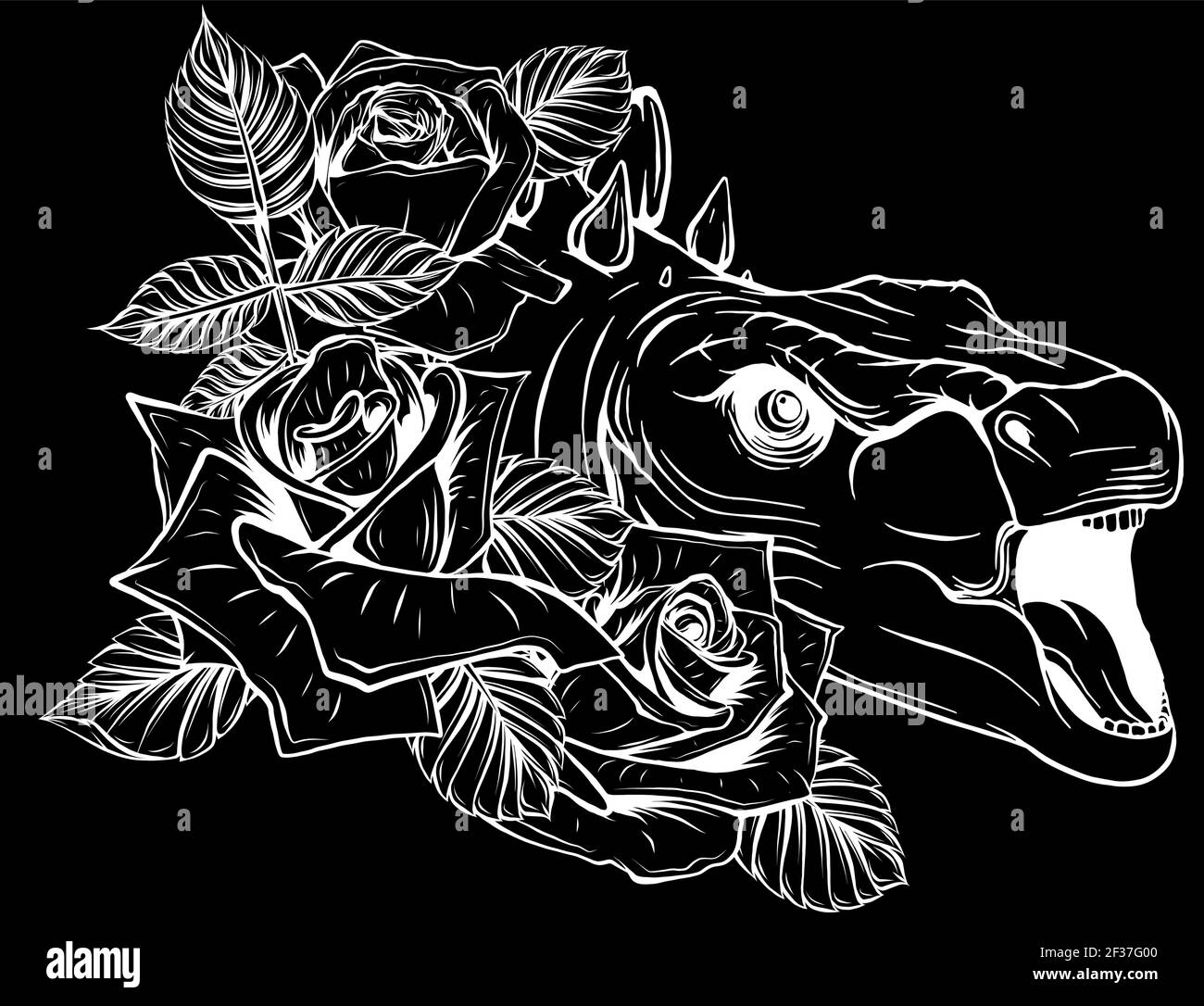 silhouette di dinosauro e rose su sfondo nero. design vettoriale. Disegno di arte concettuale. Illustrazione Vettoriale