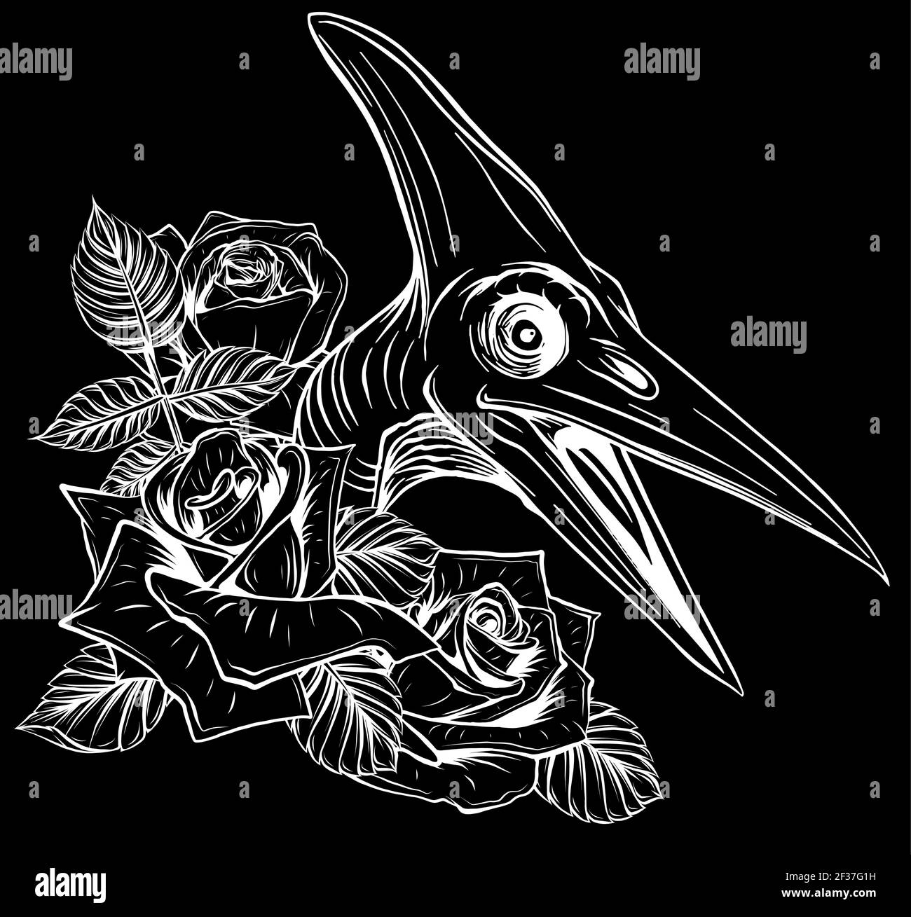 silhouette di dinosauro e rose su sfondo nero. design vettoriale. Disegno di arte concettuale. Illustrazione Vettoriale