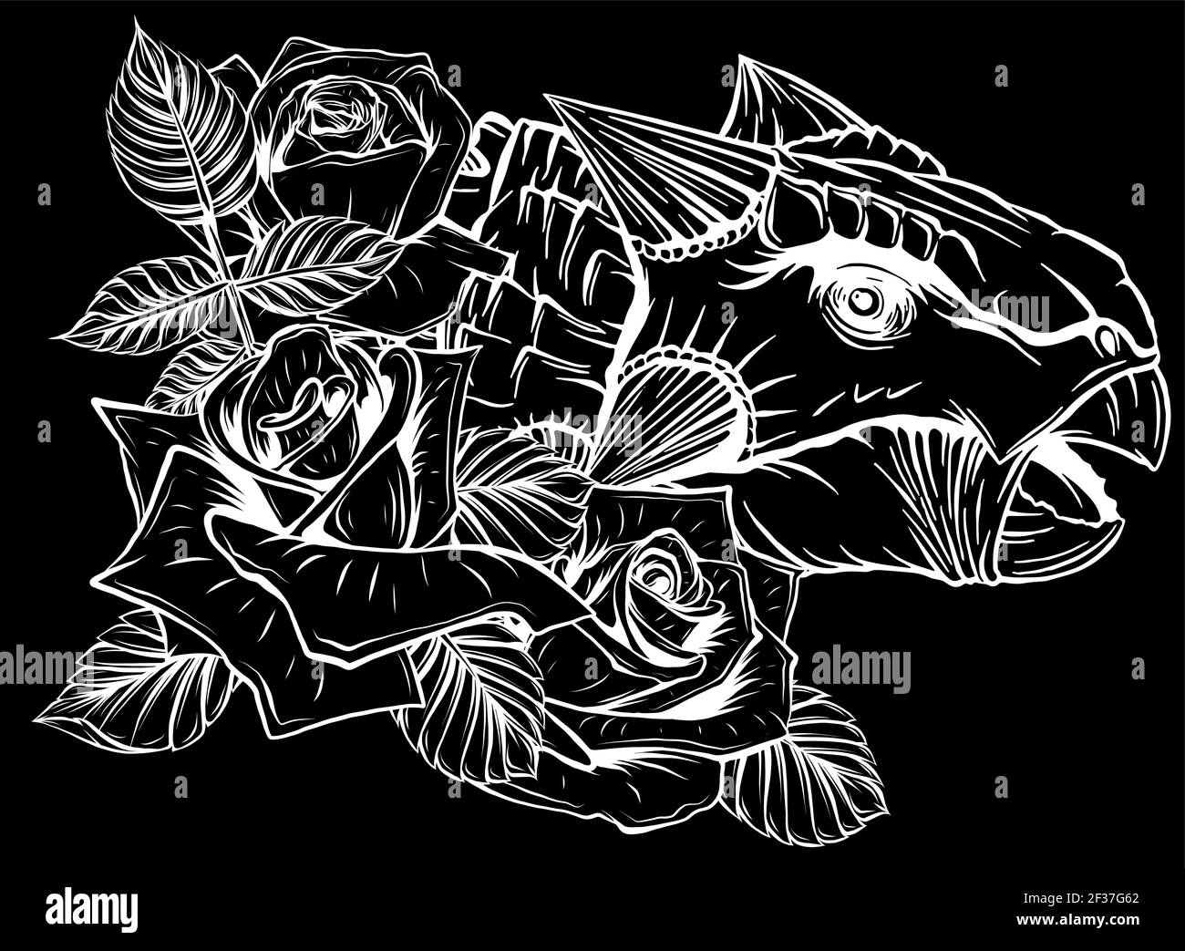 silhouette di dinosauro e rose su sfondo nero. design vettoriale. Disegno di arte concettuale. Illustrazione Vettoriale