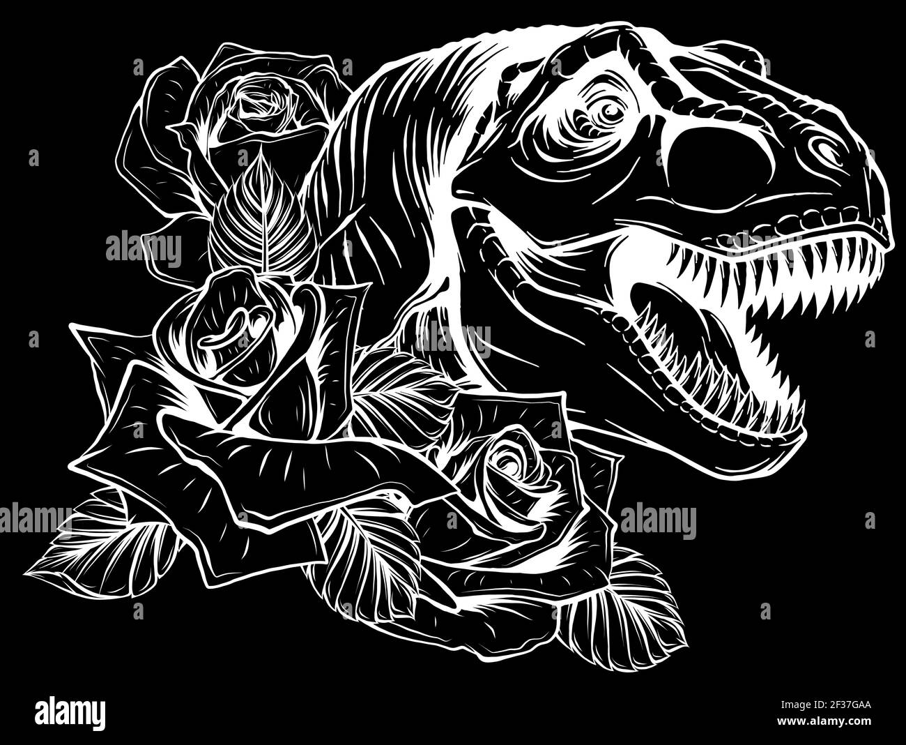 silhouette di dinosauro e rose su sfondo nero. design vettoriale. Disegno di arte concettuale. Illustrazione Vettoriale