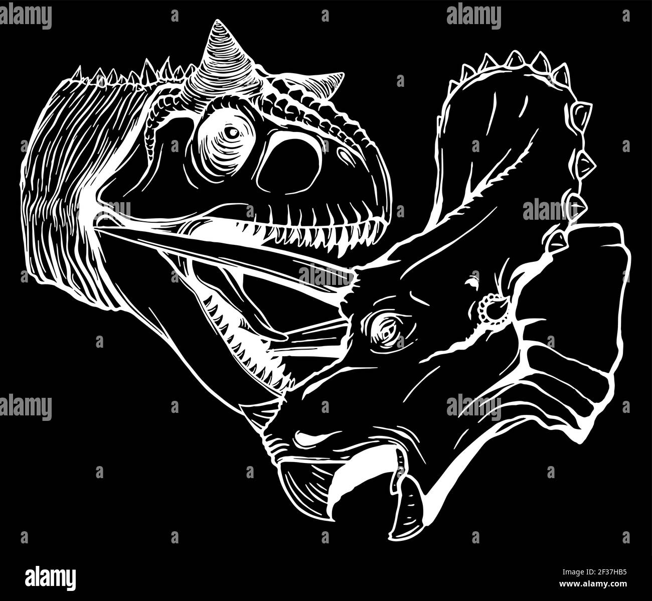 T Rex vs. Triceratops figura silhouette su sfondo nero Illustrazione Vettoriale