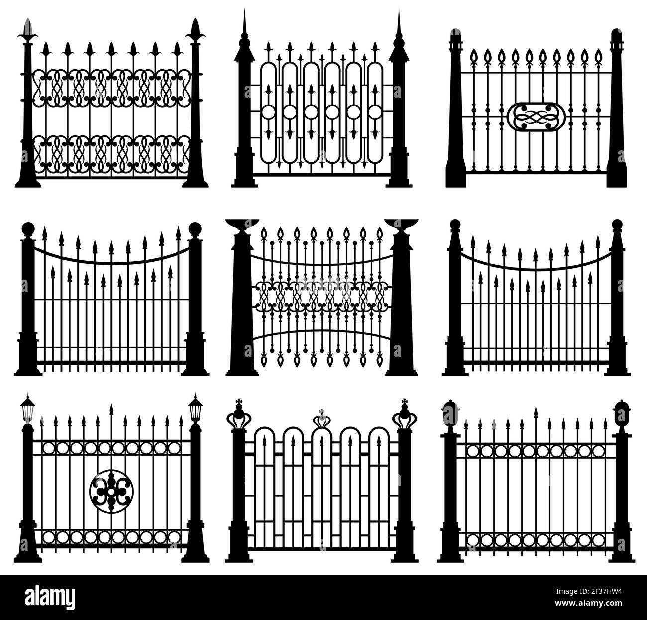 Cancelli in ferro bianco e nero e recinzioni elementi di architettura insieme vettoriale. Immagine della barriera del telaio con asta in acciaio Illustrazione Vettoriale