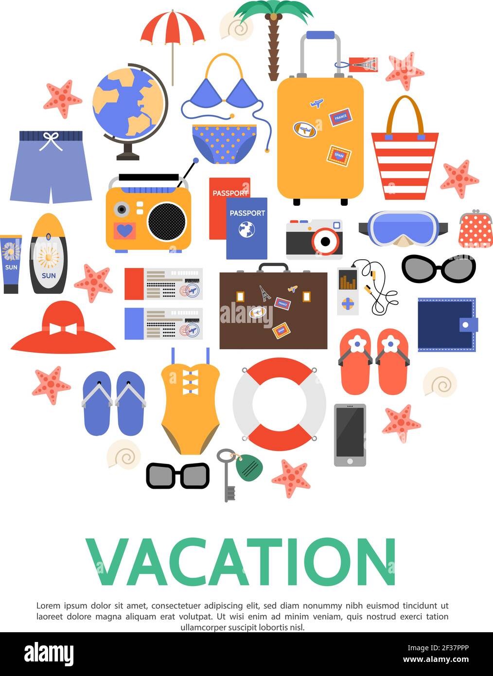 Flat Beach concetto di vacanza con borse globo di palme occhiali da sole  lifebuoy portafoglio ombrello passaporto biglietti pantofole radio  fotocamera costume da bagno m Immagine e Vettoriale - Alamy