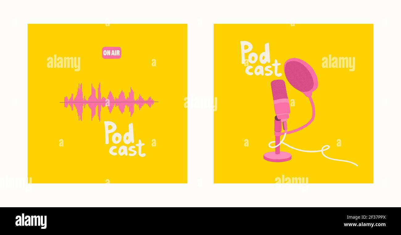 Copertine podcast. Microfono da studio con filtro pop e cavo. Colonna sonora rosa su sfondo giallo. Illustrazione del disegno a mano per il blogging. Illustrazione Vettoriale