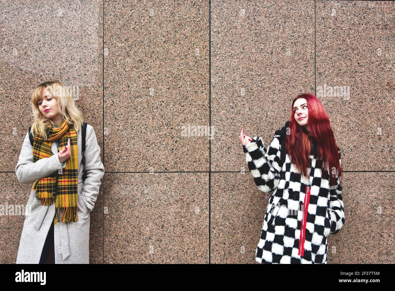 Due giovani donne stanno maledendo. Estrel, aggressione, stress. Due fidanzate brunette giurano. Grido. Puntare le dita verso la testa. Una soluzione emozionale a. Foto Stock