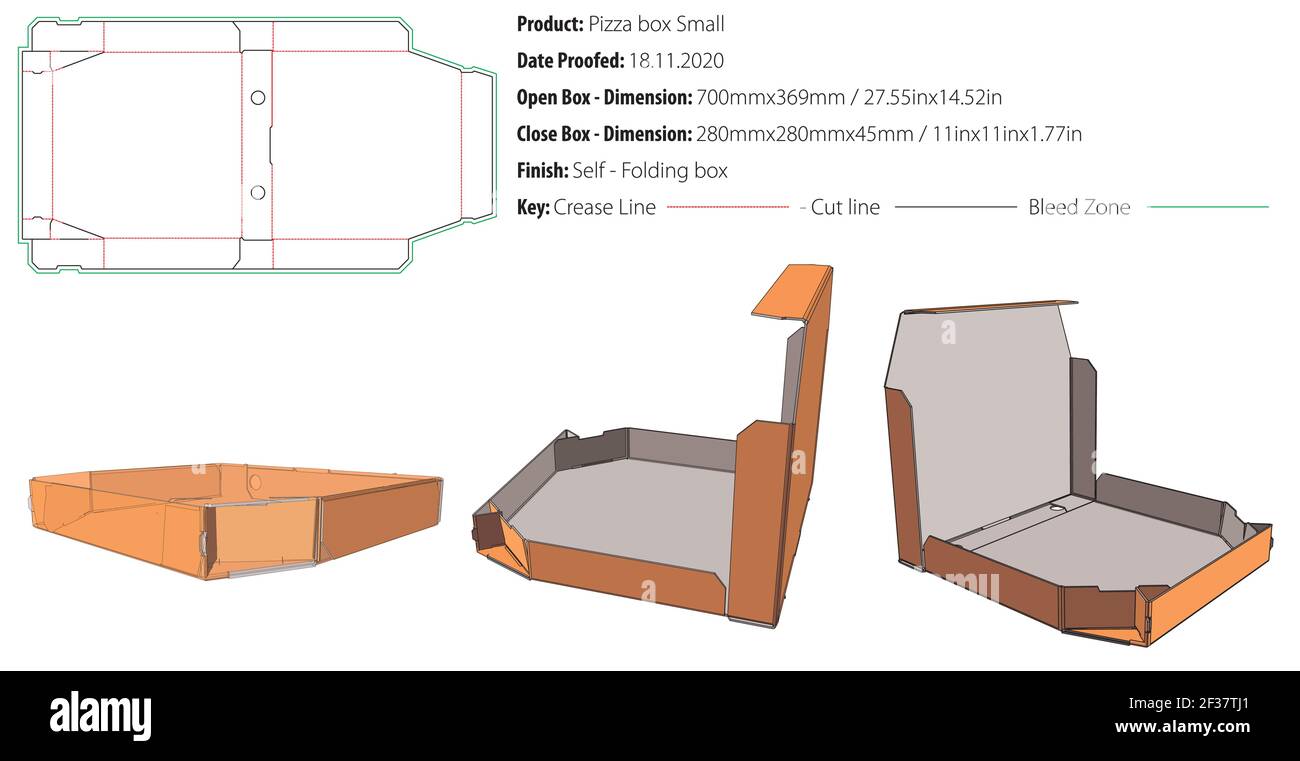 Scatola per pizza modello di confezionamento piccolo autobloccante fustellato vettore Illustrazione Vettoriale