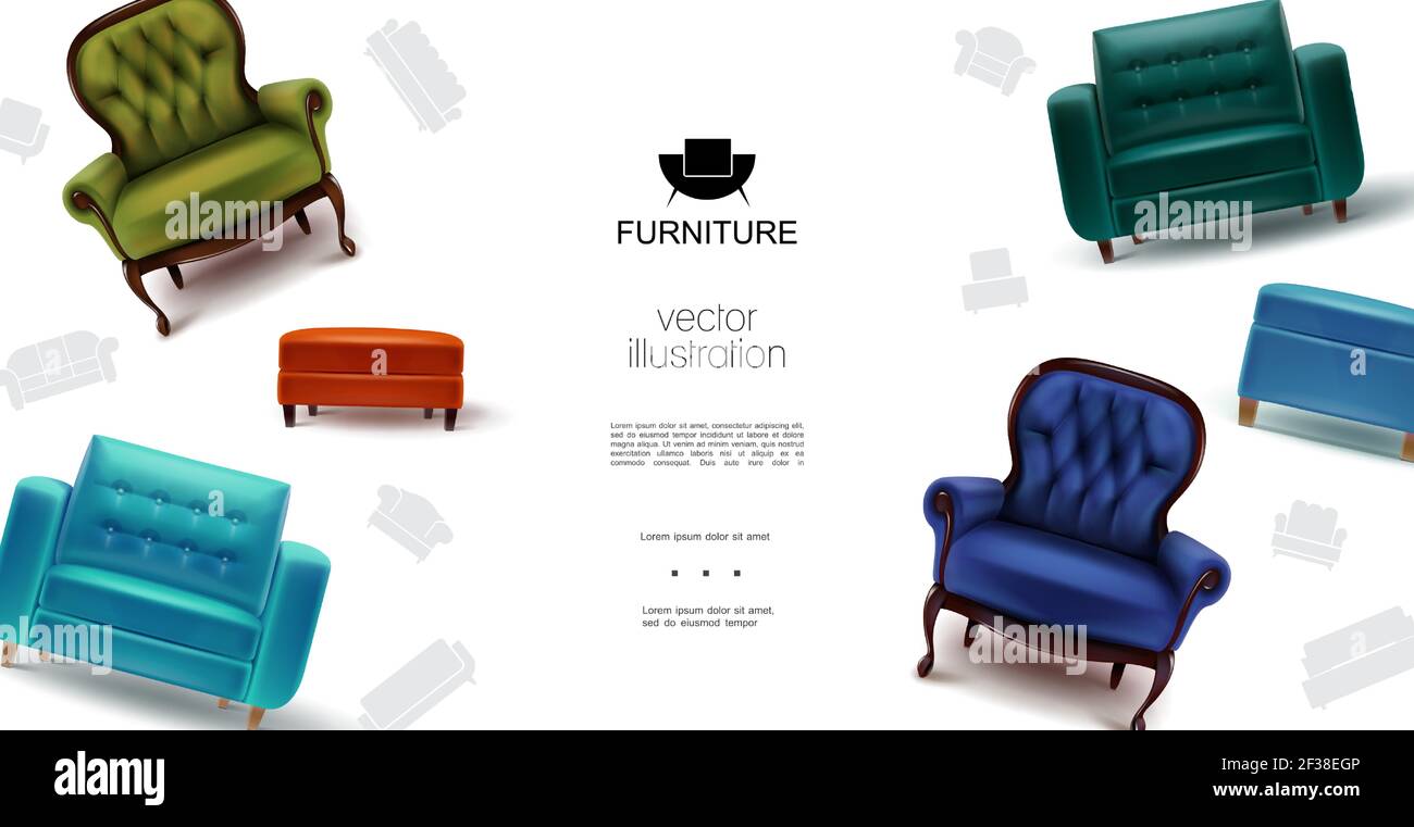 Gli oggetti di arredamento realistici template con poltrone morbide e colorate tabourets illustrazione vettoriale Illustrazione Vettoriale