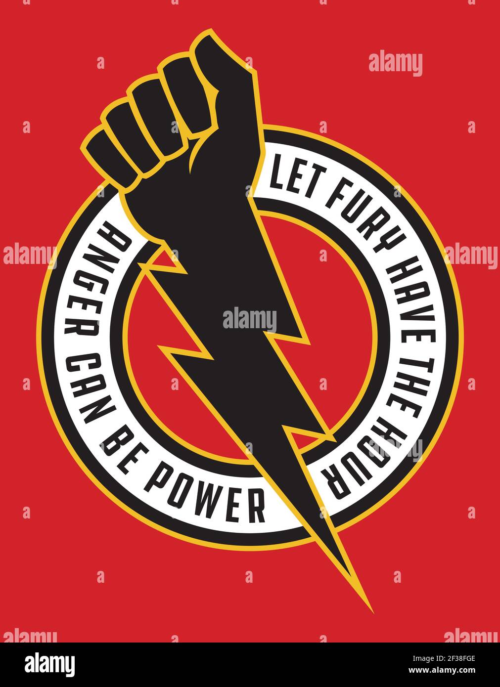 Logo di protesta contro il fulmine del pugno rialzato. L'illustrazione vettoriale mostra il pugno clenched combinato con il fulmine per il simbolo potente della ribellione. Illustrazione Vettoriale