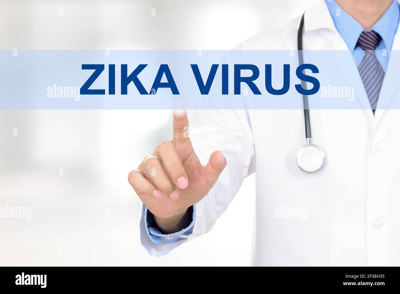 Mano del medico che tocca la scheda VIRUS ZIKA sullo schermo virtuale Foto Stock