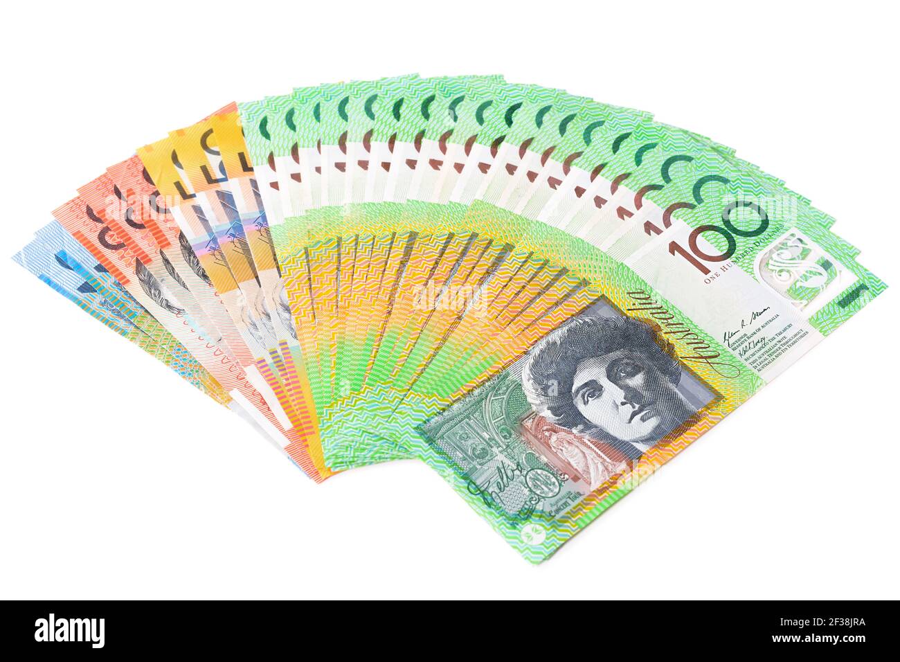 Il denaro, le banconote in dollari australiani (AUD), sparse su sfondo bianco Foto Stock