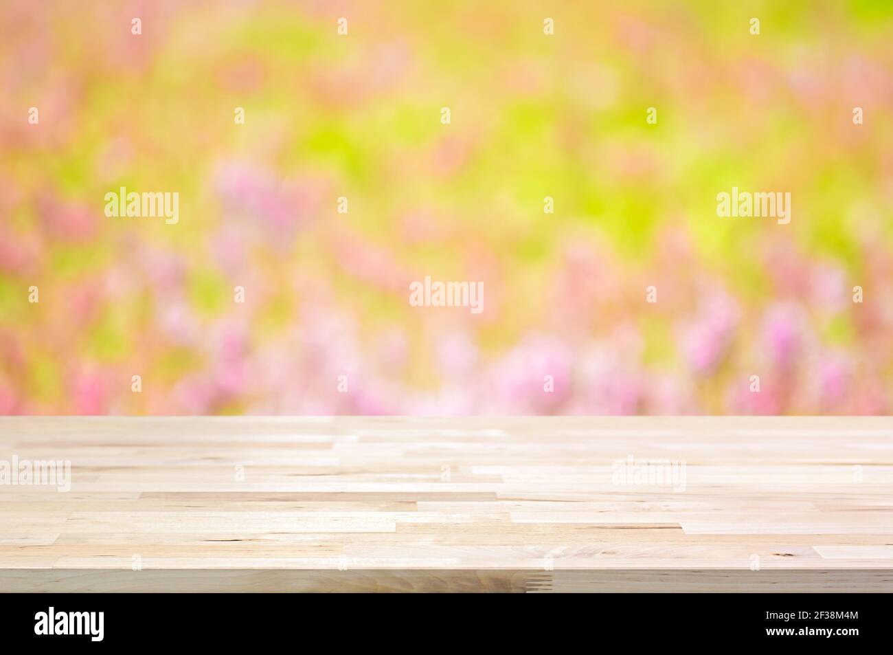 Tavolo in legno su sfocatura fiore sfondo giardino - CAN sia usato per mostrare o montare i vostri prodotti Foto Stock