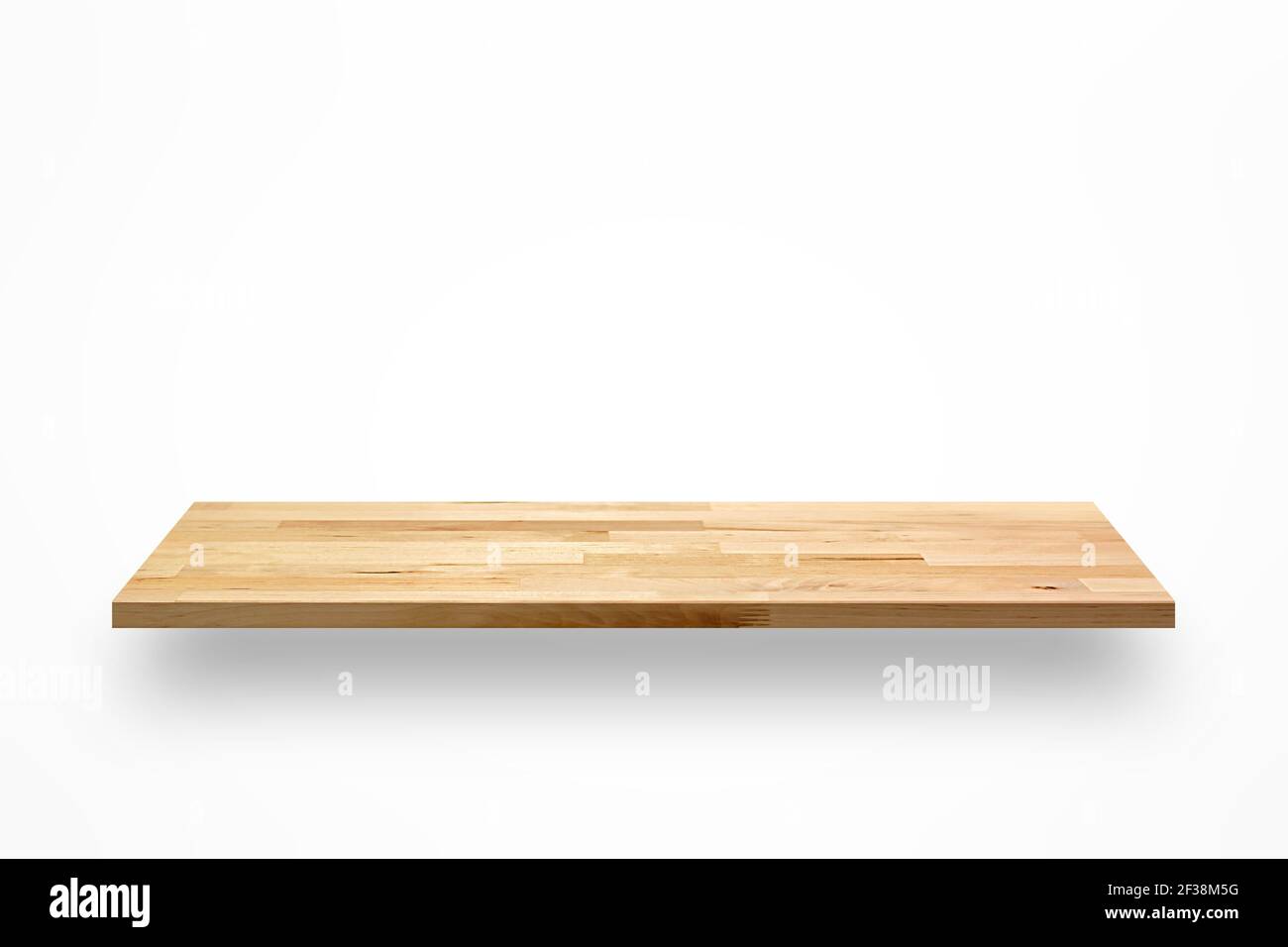 Scaffale vuoto in legno su sfondo bianco Foto Stock