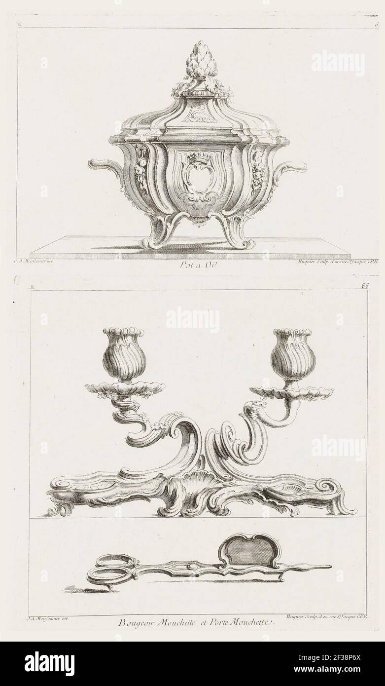 Stampa, Bugeoir Mouchette et Porte Mouchette, Plateau avec bougeoir et paire de mouchettes, (1730-1735), 6a targa, 1740 Foto Stock