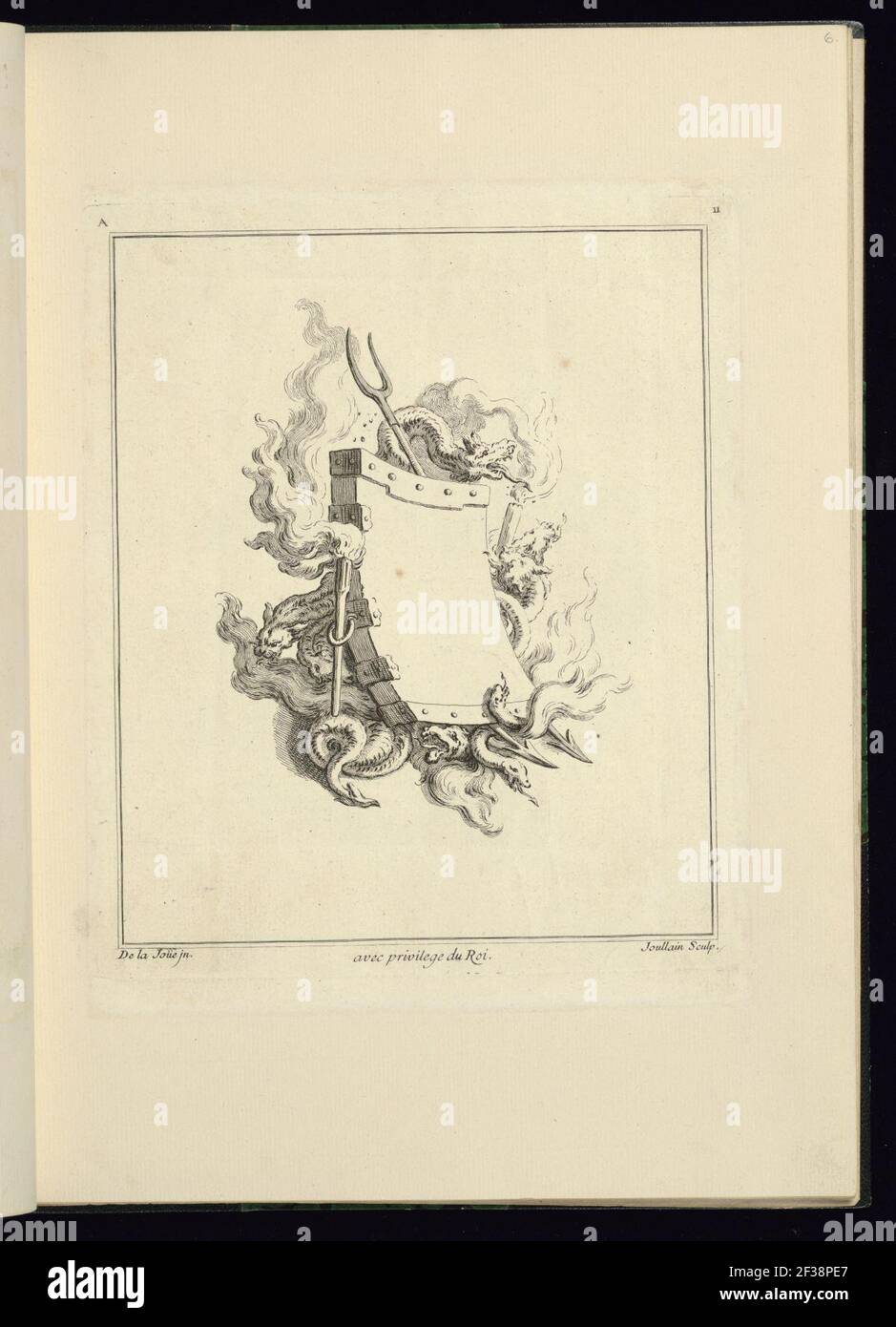 Stampa, Cartouche decorato con elementi di fuoco, 1740 Foto Stock