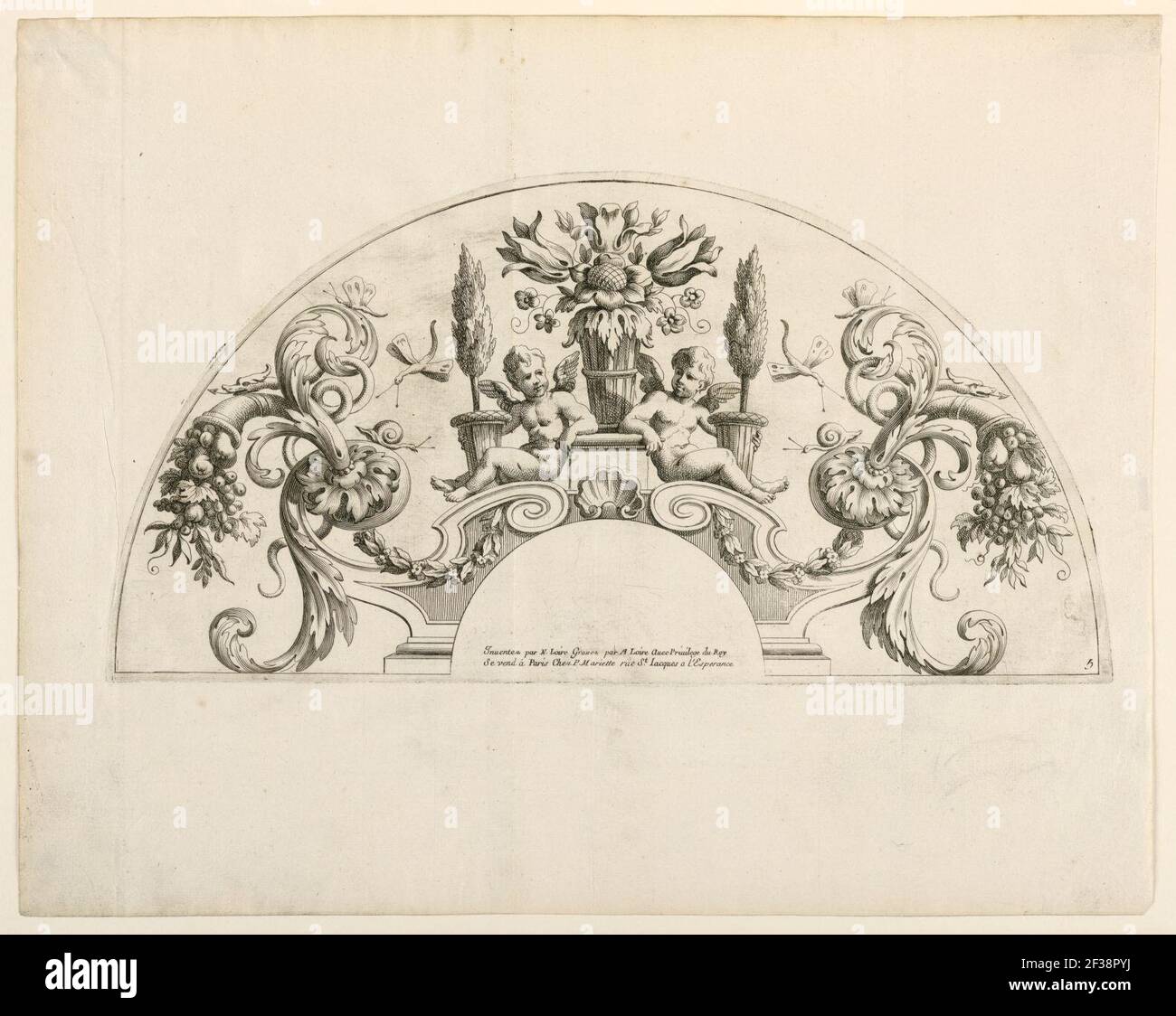 Stampa, foglie di ventaglio, quinta e sesta lastra del set, 'Divers Desseins de grands Eventails, Encrans, et autres Ornamens, inventés et gravés par Nicolas Loire', ca. 1670 Foto Stock