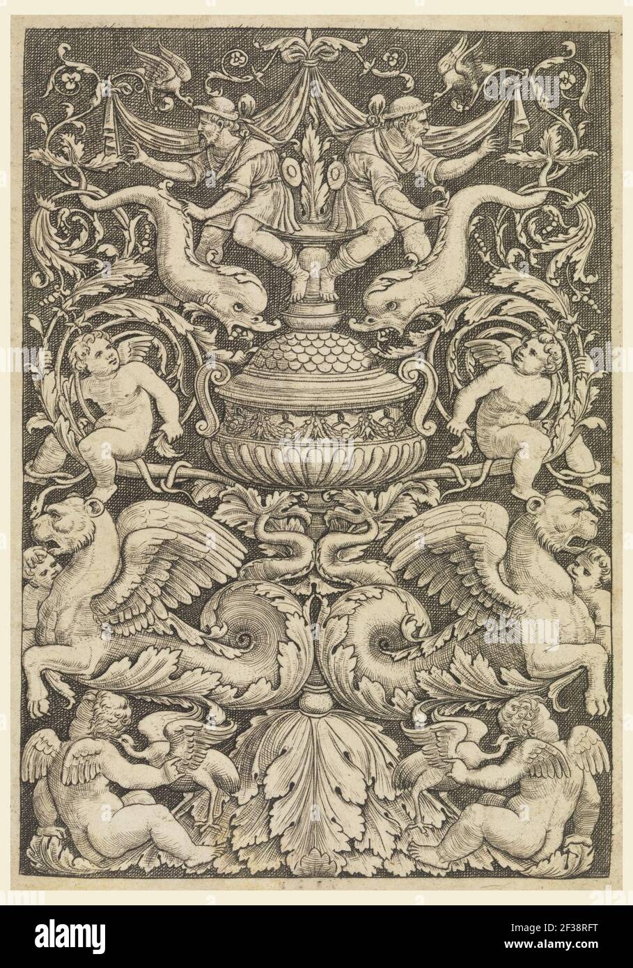Stampa grottesca con delfini e leoni alati, 1532 Foto Stock