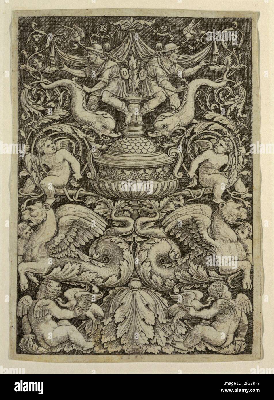 Stampa grottesca con delfini e leoni alati, 1532 Foto Stock