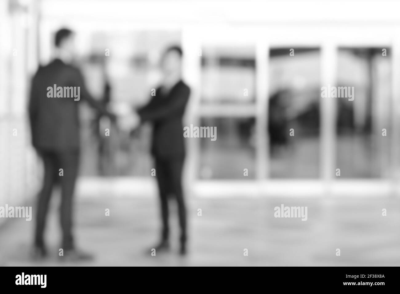 Immagine offuscata di uomini d'affari che fanno stretta di mano davanti alle porte dell'edificio dell'ufficio, effetto monocromatico Foto Stock
