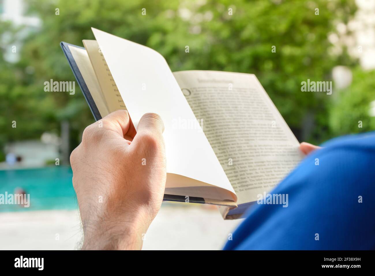 Un libro di lettura dell'uomo accanto alla piscina nel giardino Foto Stock