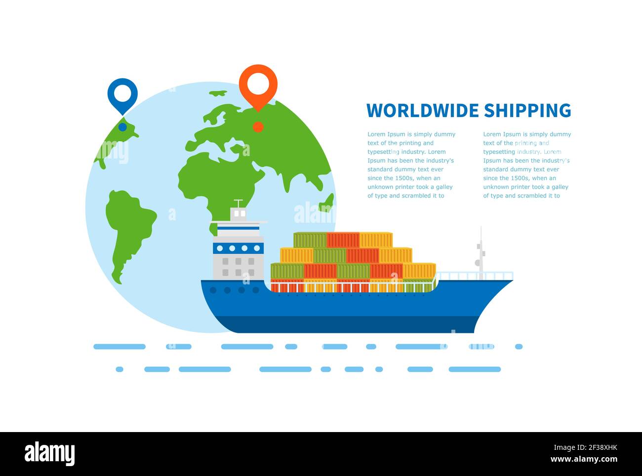 Concetto di trasporto marittimo internazionale. Un'illustrazione con il testo della consegna via mare delle merci in paesi diversi. Commercio tra i due paesi Illustrazione Vettoriale