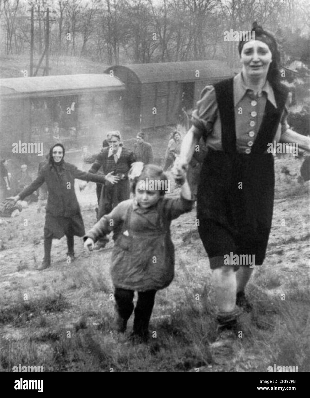 I prigionieri spediti verso est in treno dal campo di concentramento di Bergen-Belsen liberati dai membri del 743a Battaglione di carri armati vicino a Farsleben, Germania, 13 aprile 1945. Foto Stock