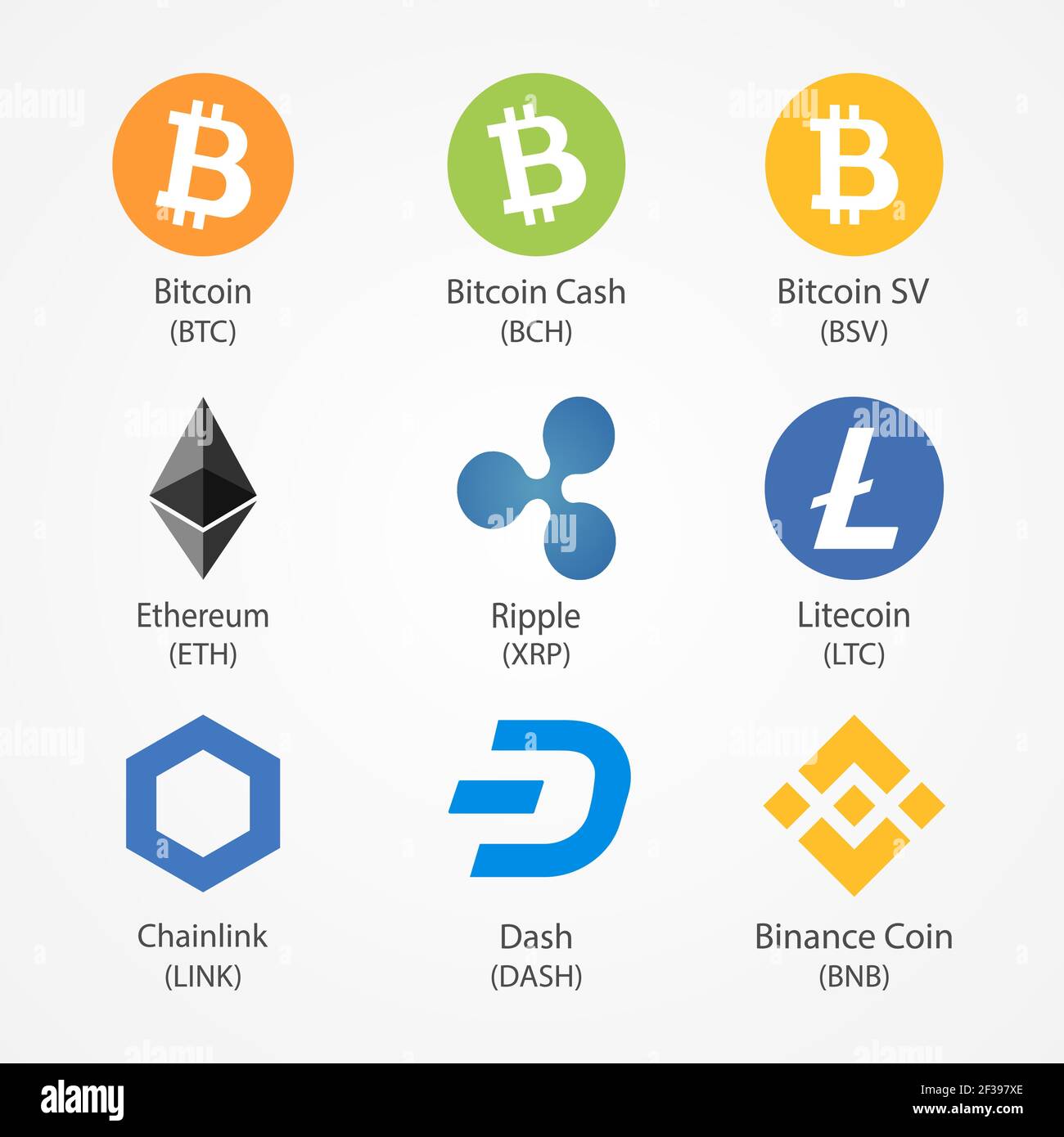 Nove icone vettoriali di criptovaluta più diffuse. Simboli di criptovaluta isolati su sfondo bianco. Illustrazione Vettoriale