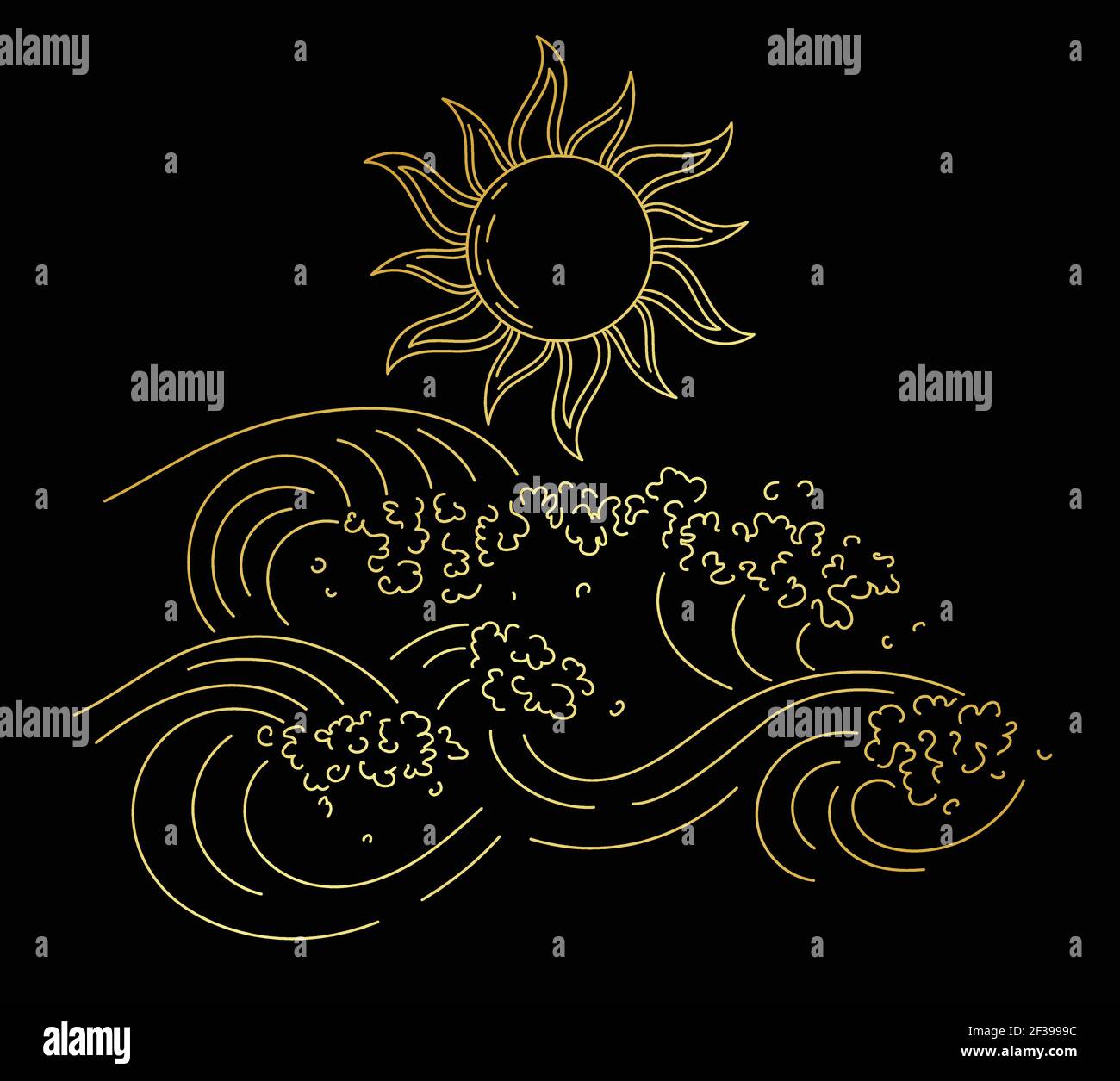 Golden isolato linart di onde marine con spruzzi e sole. Illustrazione dello stile della scheda Tarot Illustrazione Vettoriale