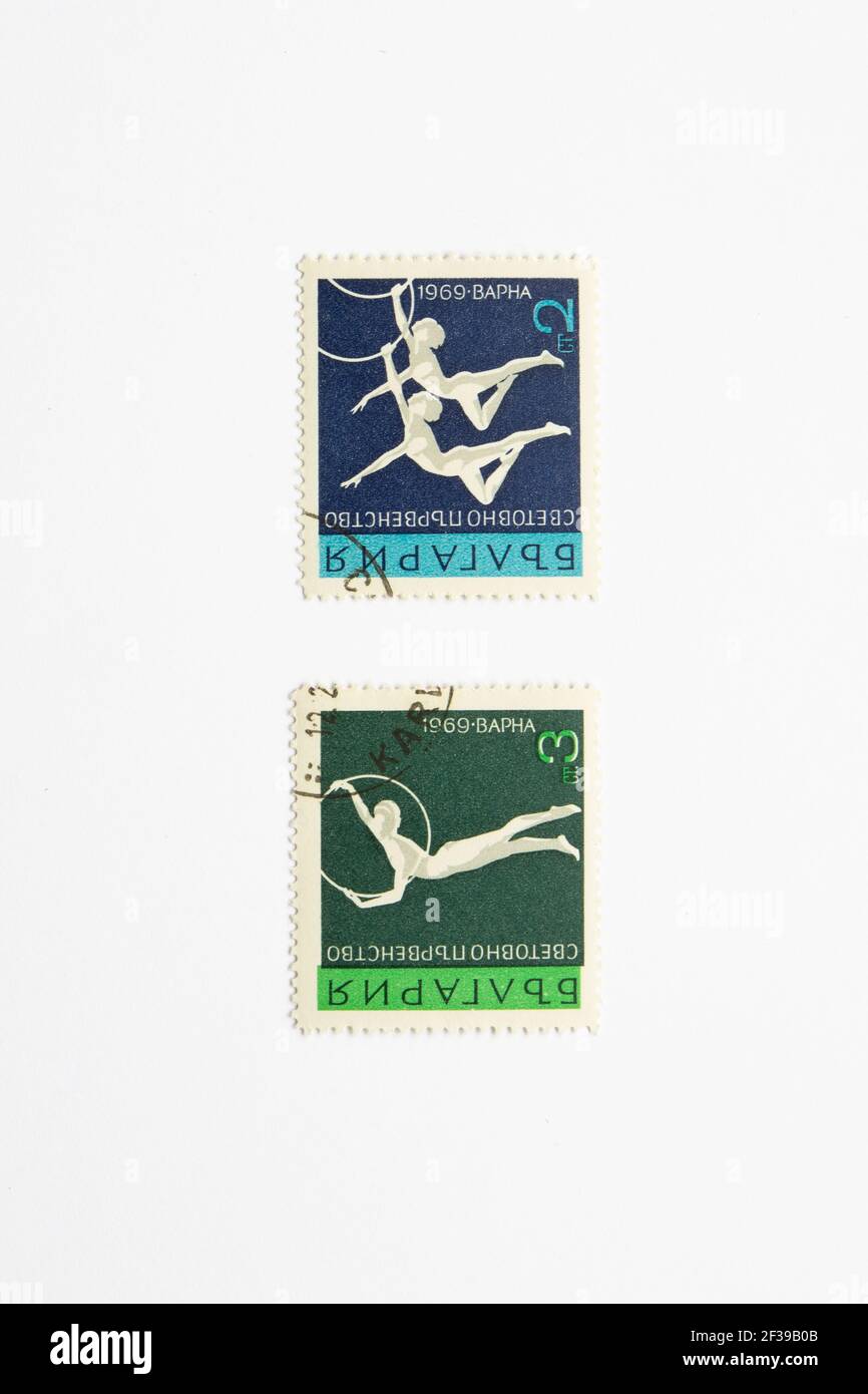 05.03.2021 Istanbul Turchia - usato e annullato Stamp. Circa 1969 bulgaria francobollo dedicato al campionato mondiale di ginnastica artistica di varna Foto Stock