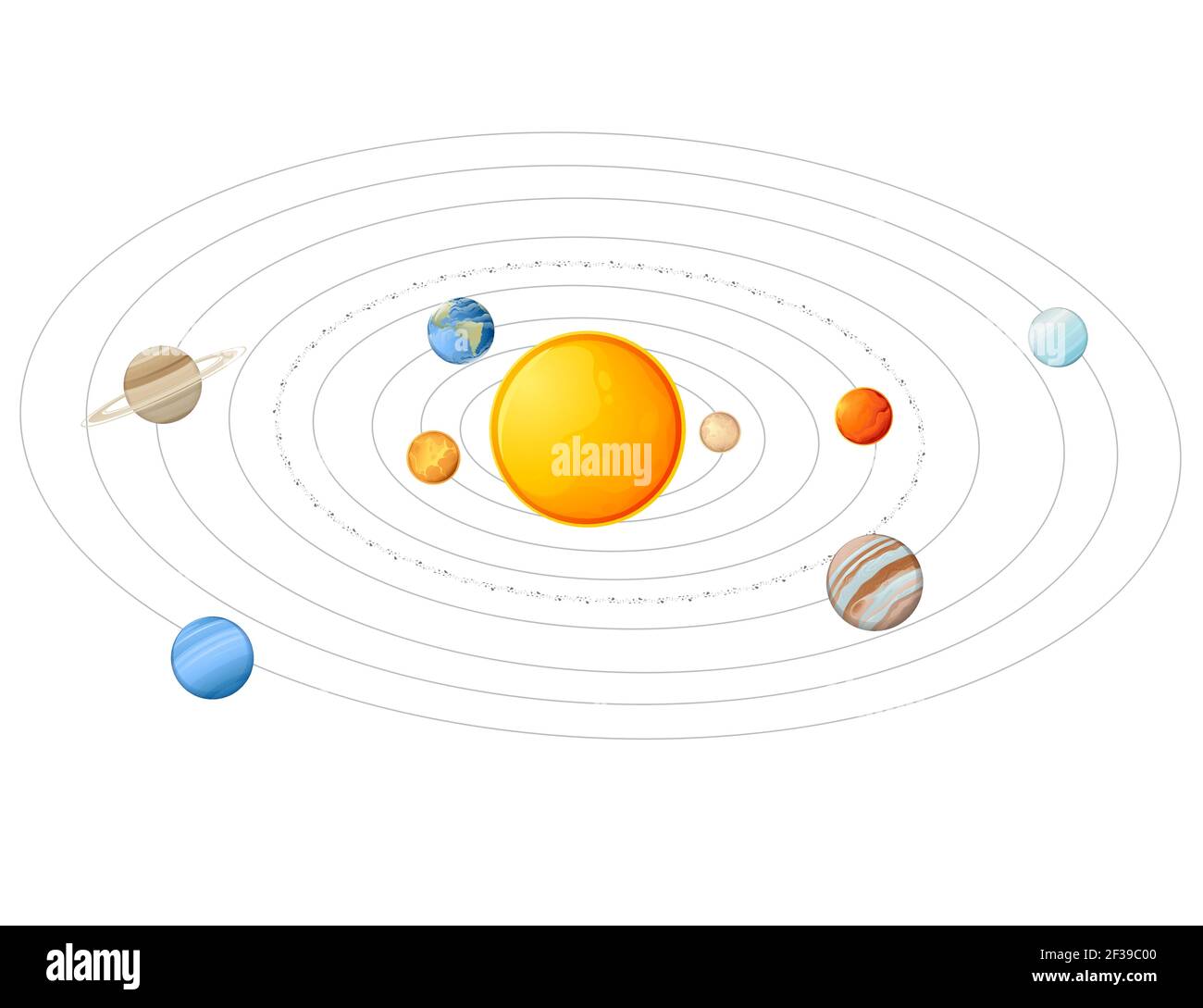 Modello di sistema solare con pianeti solari e spazio della fascia degli asteroidi oggetti illustrazione vettoriale su sfondo bianco Illustrazione Vettoriale