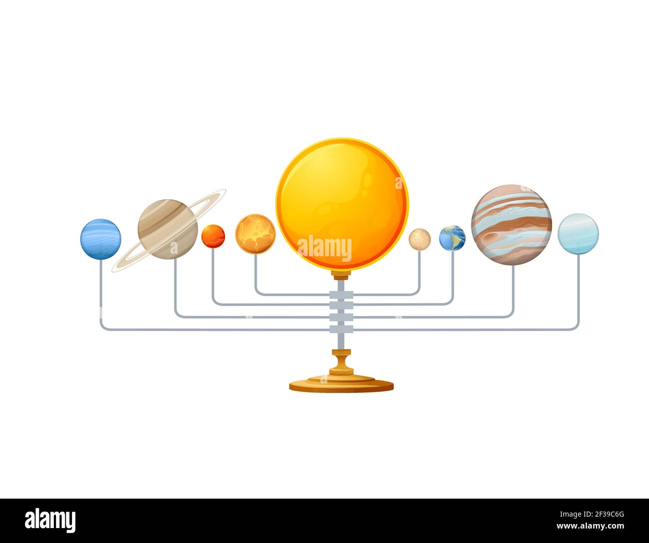 Planetario retrò classico su stand in legno con sole e pianeti illustrazione vettoriale su sfondo bianco Illustrazione Vettoriale