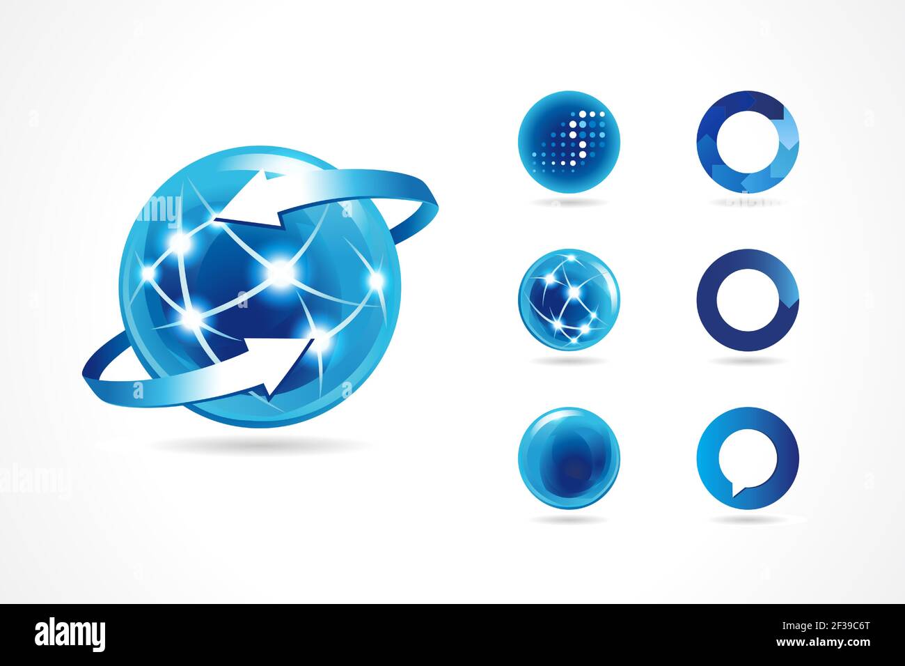 Set di 7 sfere globo logo con effetto 3d, adatto anche come icona o elemento di design per il business globale, la comunicazione, la tecnologia, Internet. Vettore Illustrazione Vettoriale