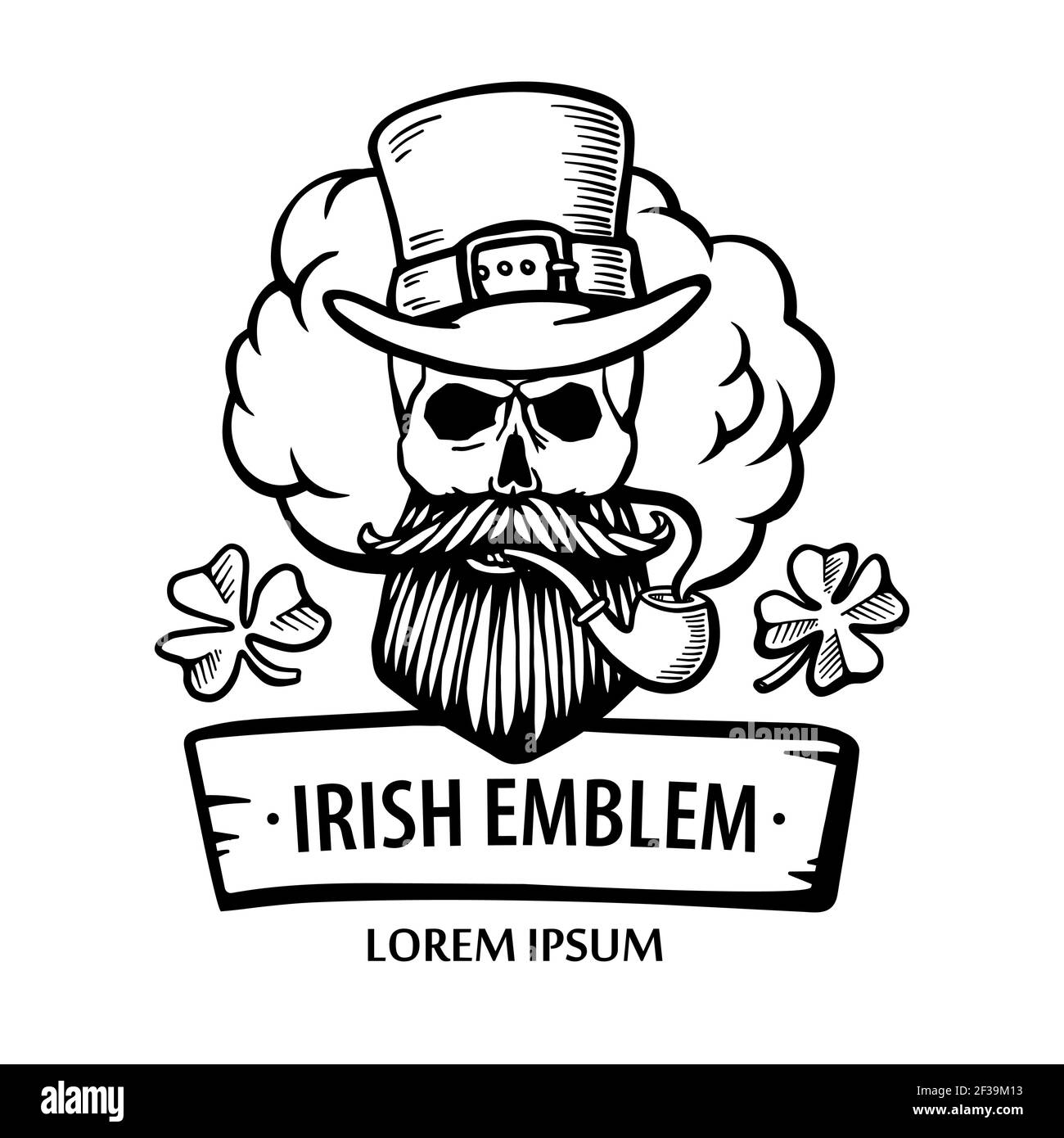 Cranio irlandese disegnato a mano con cappello, baffi e barba e trifoglio. Leprechao con tubo e nube. San patrizio. Vettore. Adesivi, logo, emblema Illustrazione Vettoriale