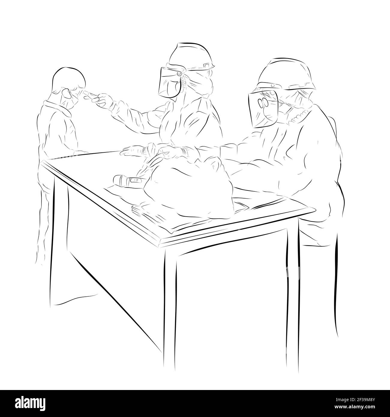 Illustrazione disegno a mano vettoriale schizzo, Boy in piedi, controllo della temperatura corporea usando un medico o un infermiere che si siede a nocciolo, protocolli sanitari durante una pandemia Illustrazione Vettoriale